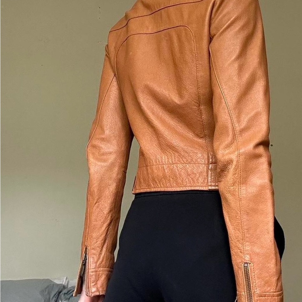 Paloma Wool Tan Leather Jacket Fitted Waist Refined Style - Picture 2 of 6